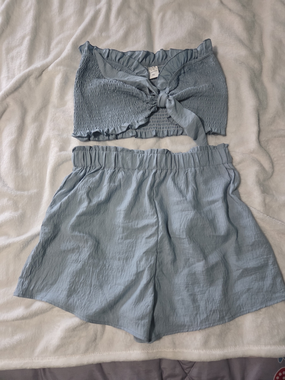 Light Blue Two-Piece Smocked Tie-Front Crop Top & Shorts Set